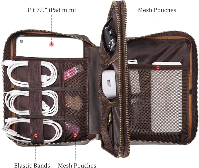 Polare Full Grain Leather Travel Cable Organizer Case Double Layer Electronics - Image 2