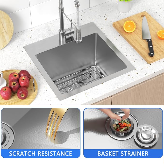 15x15 inch Drop in Bar Sink, 15 inch Small Kitchen Sink Topmount 18 Gauge - Image 2