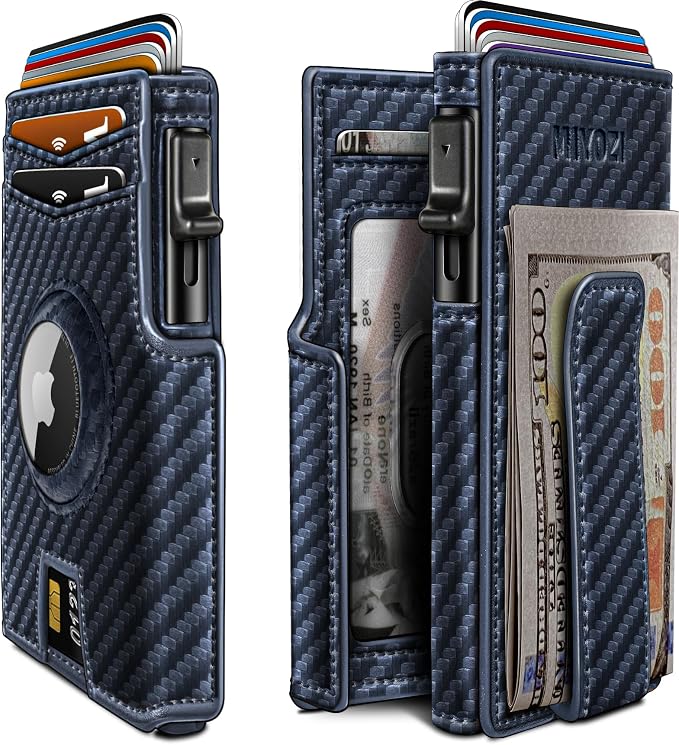 Airtag Wallet for Men, with Money Clip 10 Cards Metal Case Smart Slim Pop Up by Miyozi