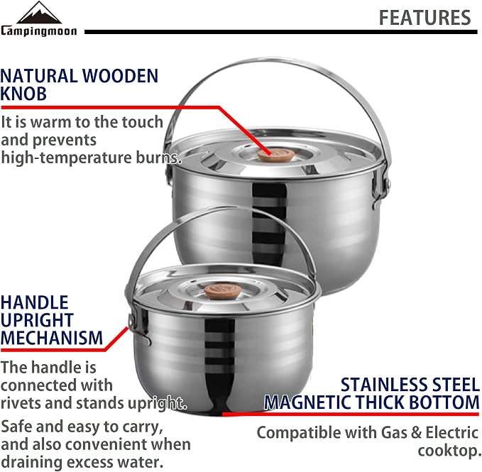 CAMPINGMOON Camping Cookware Set Stainless Steel Outdoor Nesting Cooking Mess - Image 4