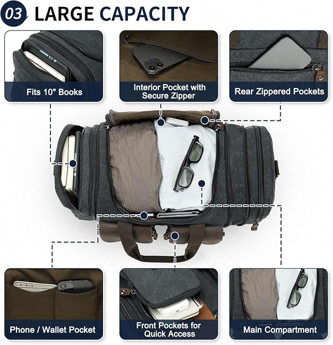 Canvas Duffle Bag with Genuine Leather Accents, Expandable 20-23 Inch Travel - Image 4