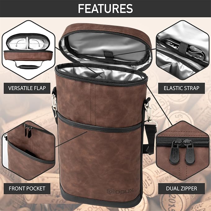 opux 2 Bottle Wine Carrier Tote, Insulated Leakproof Wine Cooler Bag, Wine - Image 4