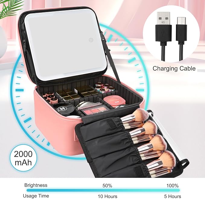 Relavel Travel Makeup Bag With LED Mirror Portable Travel Makeup Organizer 3 - Image 5