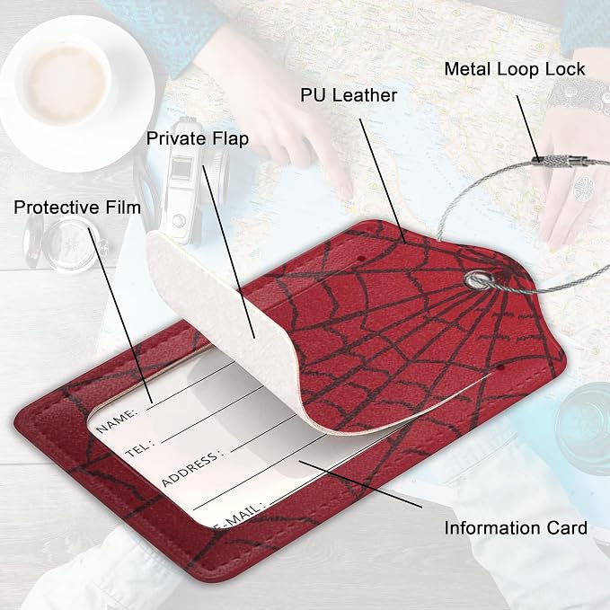 2 Pack Leather Luggage Tag for Suitcase Spider Web Cool Red Black Unique Travel - Image 3