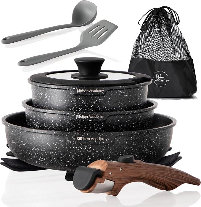 Kitchen Academy Removable Handle Induction Pots and Pans Set by KITCHENACADEMYBETTERLIVINGTHROUGHCOOKINGPERFECTION