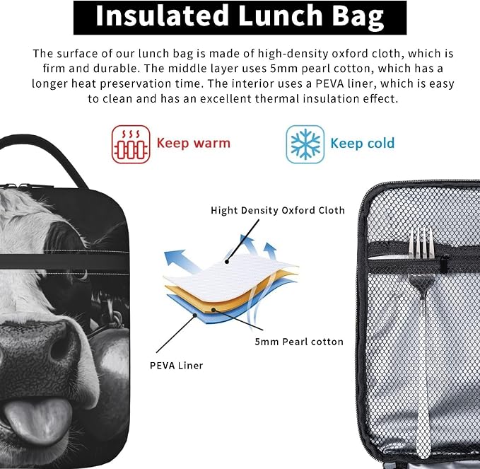 Cow Insulated Lunch Box for Women Men Cow Lunch Bag for Travel, or Fishing - Image 5