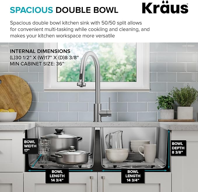 KRAUS Fairlane 33-inch Undermount Double Bowl 18-Gauge Stainless Steel Kitchen - Image 9