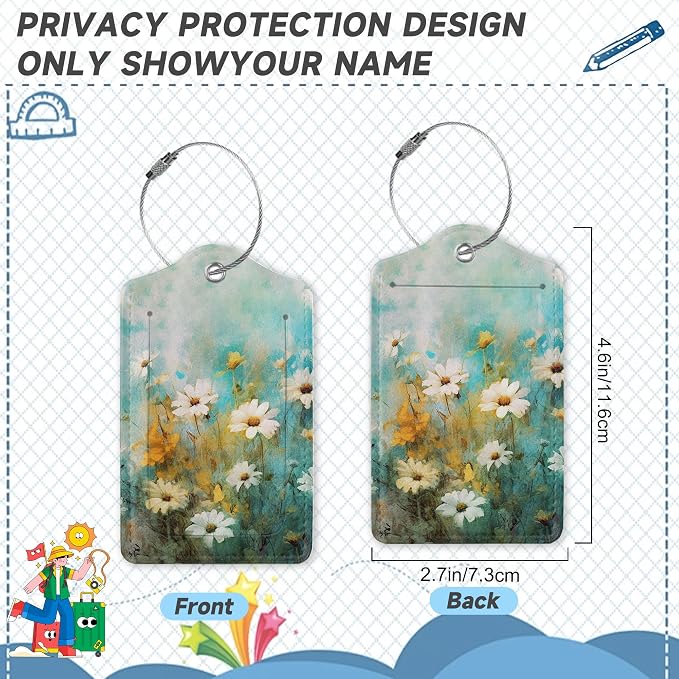 2 Pack Luggage Tag for Suitcase, Vintage Wild Flowers Leather Bag Tags - Image 2