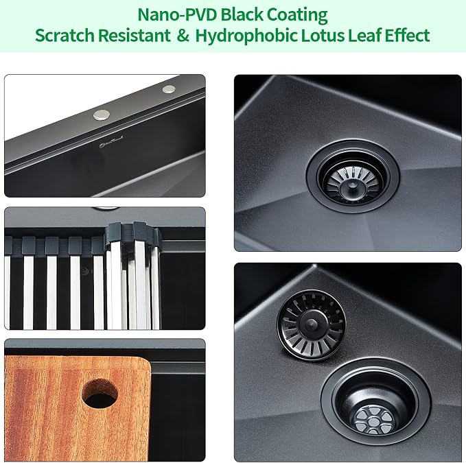 Kitchen Sink, 33 x 22 Drop in Kitchen Sink Gunmetal Black 16 Gauge Stainless - Image 5
