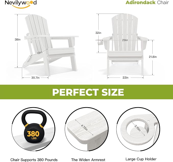 Folding Adirondack Chair, Ergonomic Extended Backrest, HDPE All-Weather - Image 2