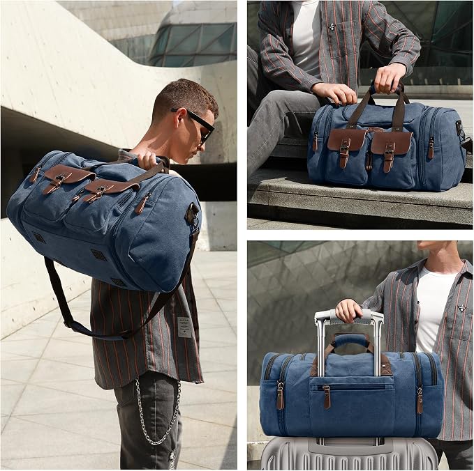 Wildroad 50L Travel Duffel Bag, Expandable Canvas Genuine Leather Duffle Bag - Image 2