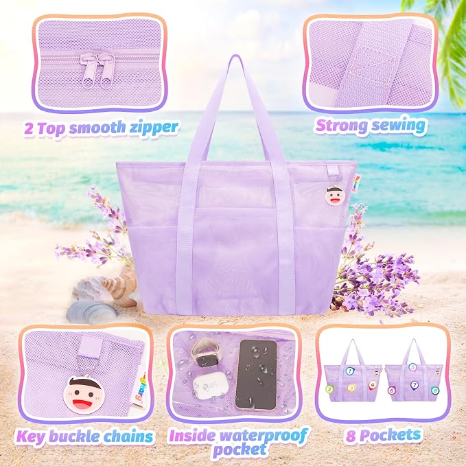 Tagitary Mesh Beach Bag with Zipper Large Beach Tote Waterproof Sandproof with - Image 3