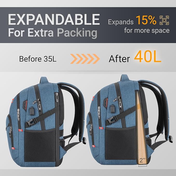 40L Expandable Laptop Backpack, Anti-thief Travel Backpack - Image 3