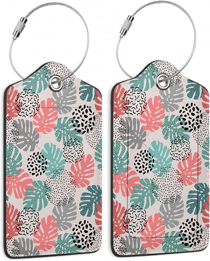 2 Pack Luggage Tag for Suitcase, Wave Dot Art Tropical Palm Leather Suitcase by TXIANT