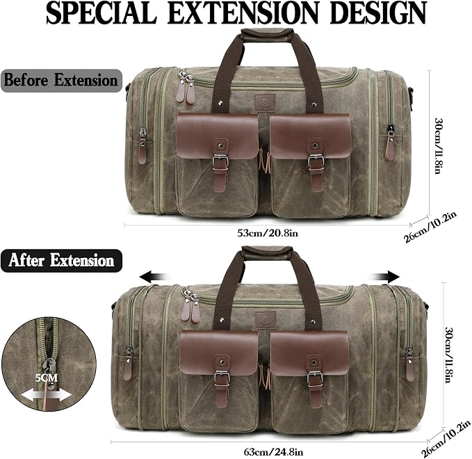 Waxed Canvas Duffle Bag for Men 60L Travel Duffel Bags Expandable Genuine - Image 2