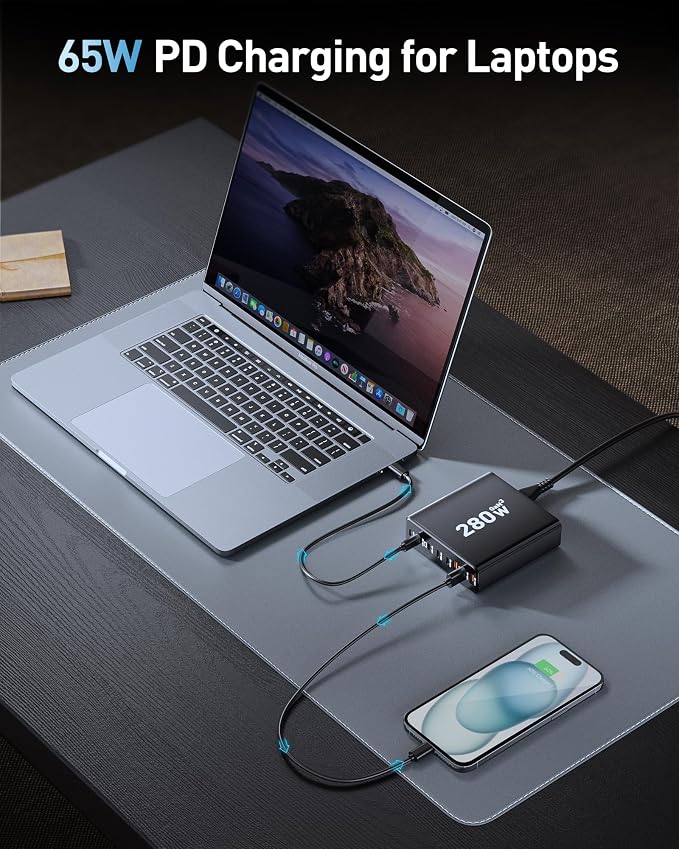 280W USB C Charger Block, 8-Port USB C Charging Station GaN III PD 65W Laptop - Image 4