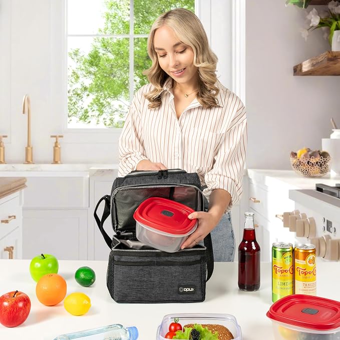 OPUX Lunch Box For Men Women, Insulated Large Double Decker Lunch Bag, Charcoal - Image 4