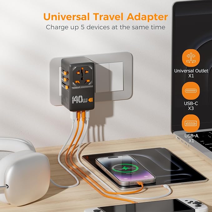 TESSAN Universal Travel Adapter, 140W GaN International Plug Adaptor - Image 4