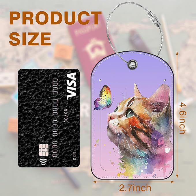 2 Pack PU Luggage Tags for Suitcase, Watercolor Cat and Butterfly Suitcase Tag - Image 2