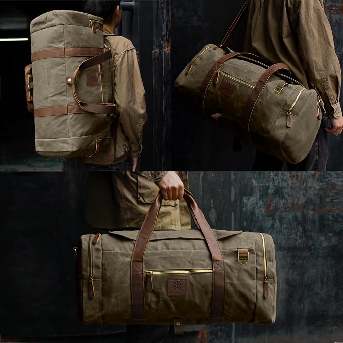 50L Duffle Bag for Men, Nomad Waxed Canvas Travel Duffel Bag Vintage Genuine - Image 2