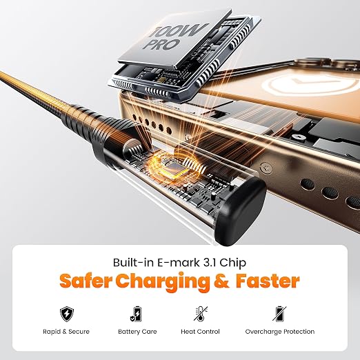 USB C Cable 100W Right Angle Fast Charging Cord, Nylon Braided USB 2.0 Cable - Image 6