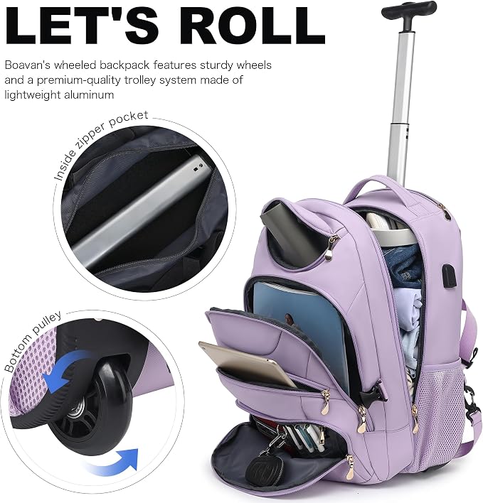 Boavan Rolling Backpack for Women, 17.3 Inch Wheeled Laptop Backpack, Large - Image 7