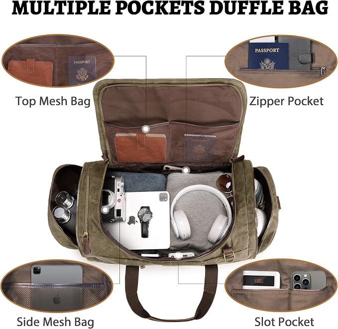 50L Duffle Bag for Men, Nomad Waxed Canvas Travel Duffel Bag Vintage Genuine - Image 4