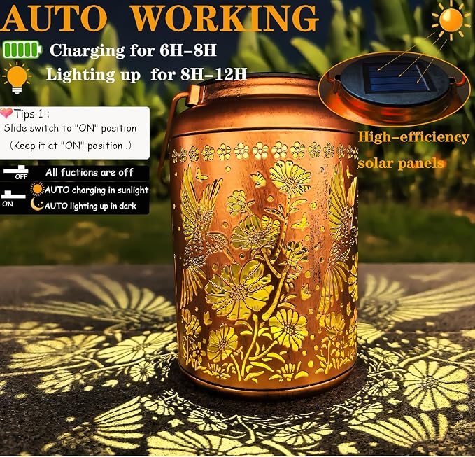 Solar Lights Outdoor Waterproof, Hummingbird Hanging Lantern, Metal Garden - Image 2