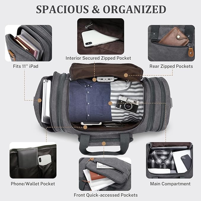 Gonex Canvas Duffle Bag for Travel, 60L Duffel Overnight Weekend Bag - Image 5