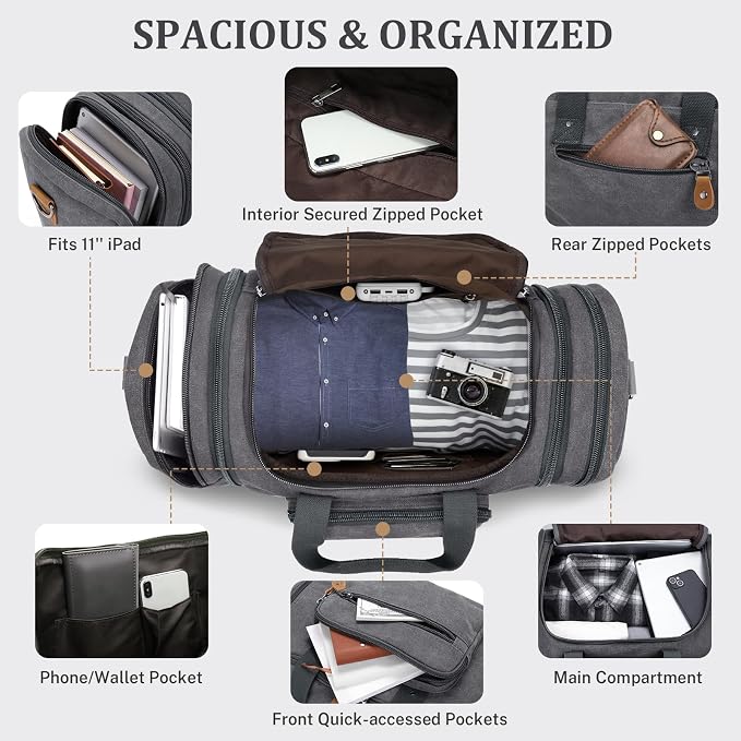 Gonex Canvas Duffle Bag for Travel 50L Expandable Duffel Weekend Overnight Bag - Image 4