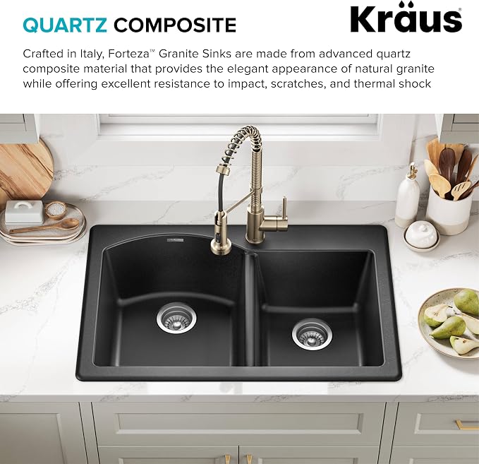 KRAUS Forteza 33-inch Drop In/Undermount 60/40 Double Bowl Granite Kitchen Sink - Image 5