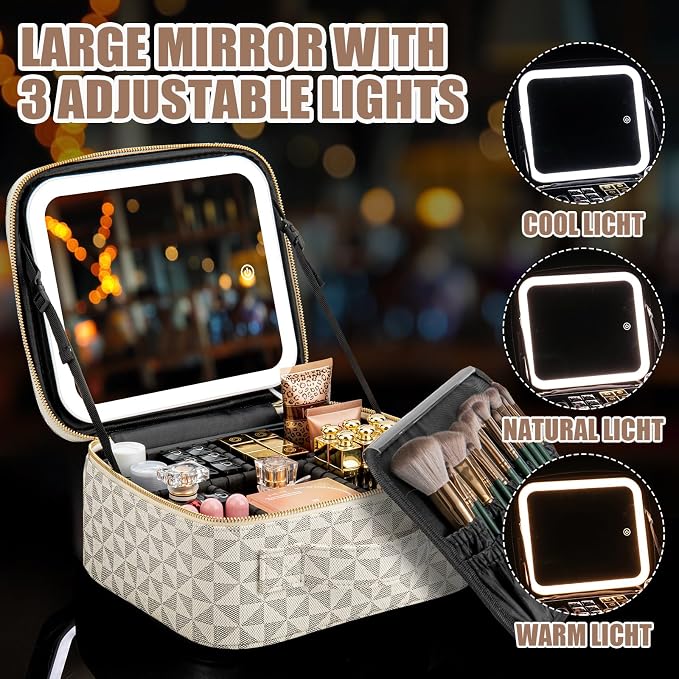 Makeup Travel Train Case with Mirror LED Light 3 Adjustable Brightness Large - Image 4