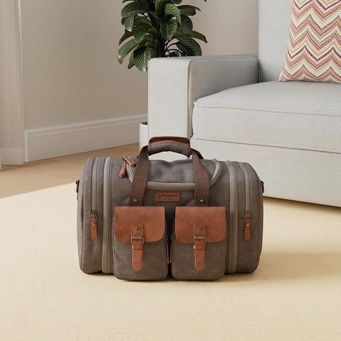 Wildroad 50L Travel Duffel Bag, Expandable Canvas Genuine Leather Duffle Bag - Image 2