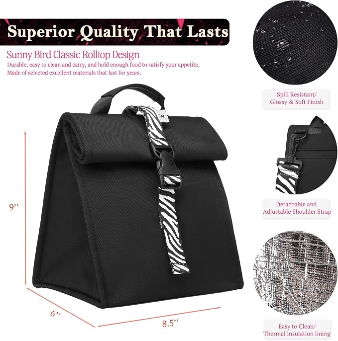 SUNNY BIRD Insulated Lunch Bag Rolltop Lunch Box Tote Bag - Image 4
