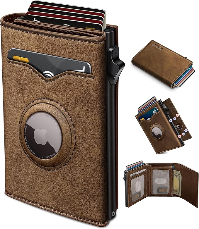 Airtag Wallet for Men, with Cash Pocket 2 ID Window 9-12 Cards, Metal Case by Miyozi