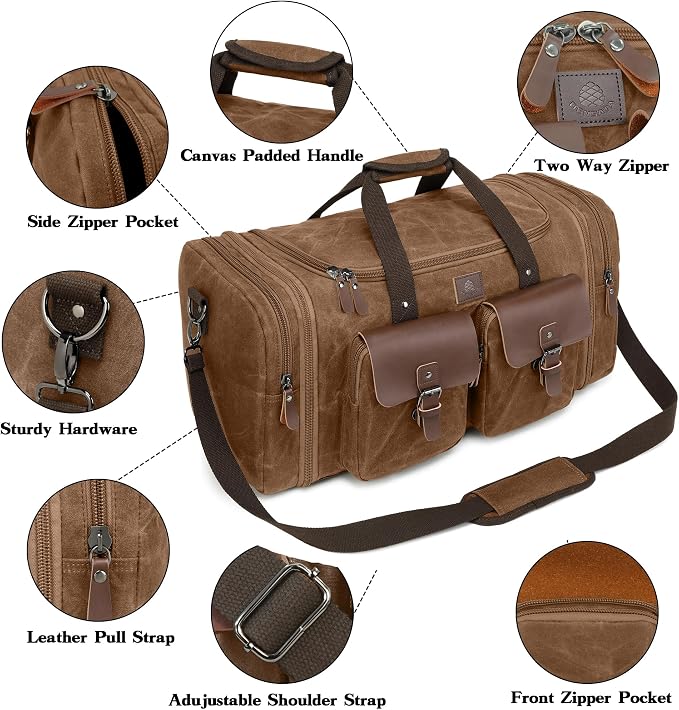 Waxed Canvas Duffle Bag for Men 50L Travel Duffel Bags Expandable Genuine - Image 4