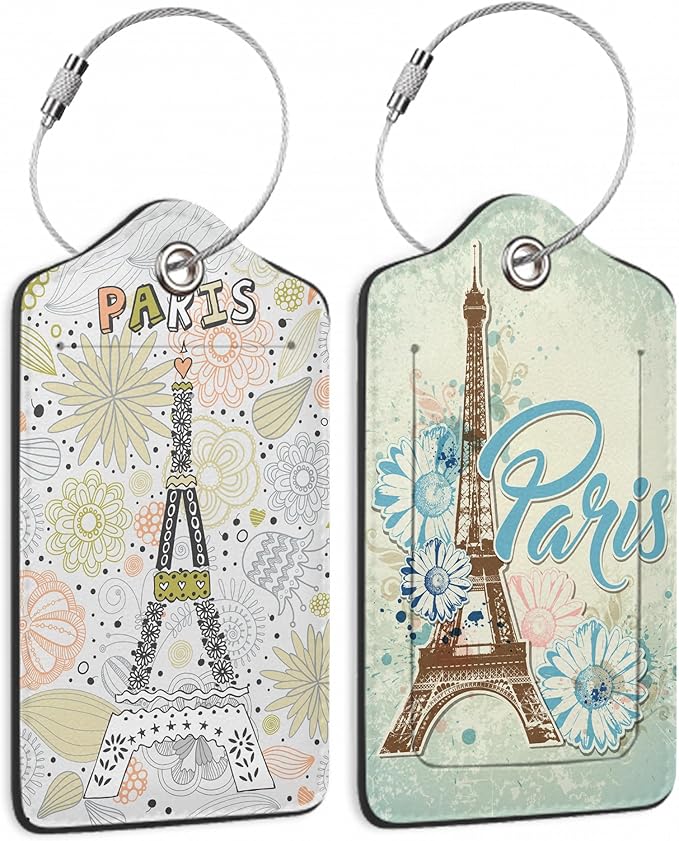 2 Pack Funny Luggage Tags with for Suitcases, Vintage Eiffel Towe Paris PU by DEMACYA