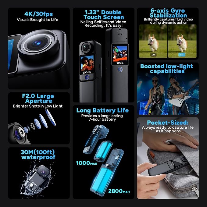 SJCAM C300 Pocket Action Camera 4K, 7Hour Power, 6-Axis Stabilization, - Image 3