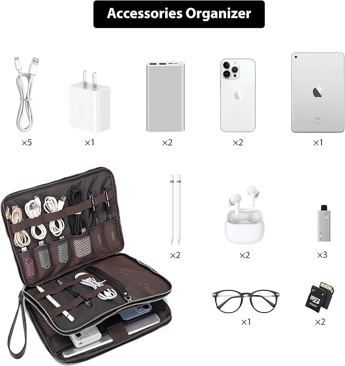 LANNSYNE Full Grain Leather Travel Cable Accessories Bag, Electronic Organizer - Image 3