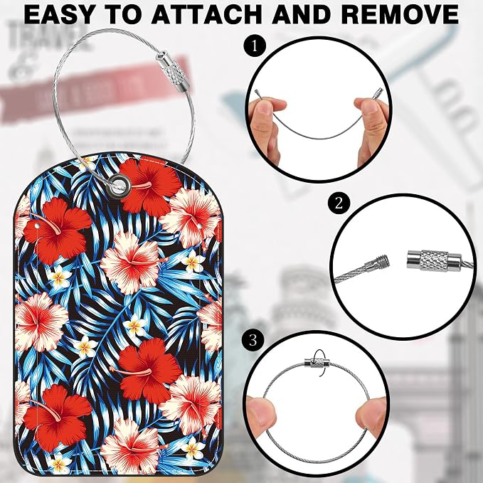 2 PCS Leather Luggage Tag for Suitcase Palm Leaves and Hibiscus Flower Travel - Image 4