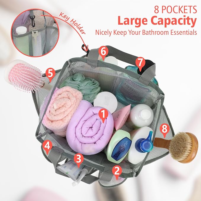 F-color Mesh Shower Caddy Portable, Upgrade Deeper 7 Pockets Shower Bag Basket - Image 2