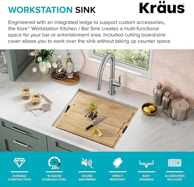 KRAUS Kore 21-Inch Undermount Workstation 16 Gauge Single Bowl Stainless Steel - Image 3