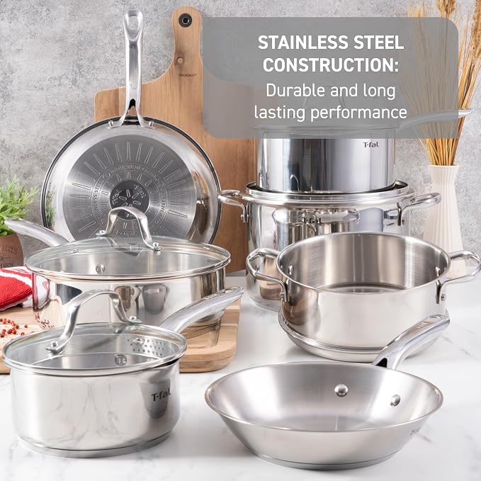 T-fal Stainless Steel Cookware Set, 11 Piece, Induction Cookware, Oven Safe to - Image 3