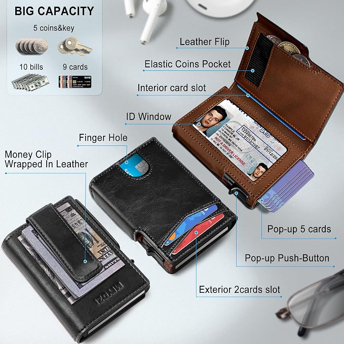 Men Wallet, with Money Clip Coins Pocket ID Window, Slim Front Pocket RFID - Image 2