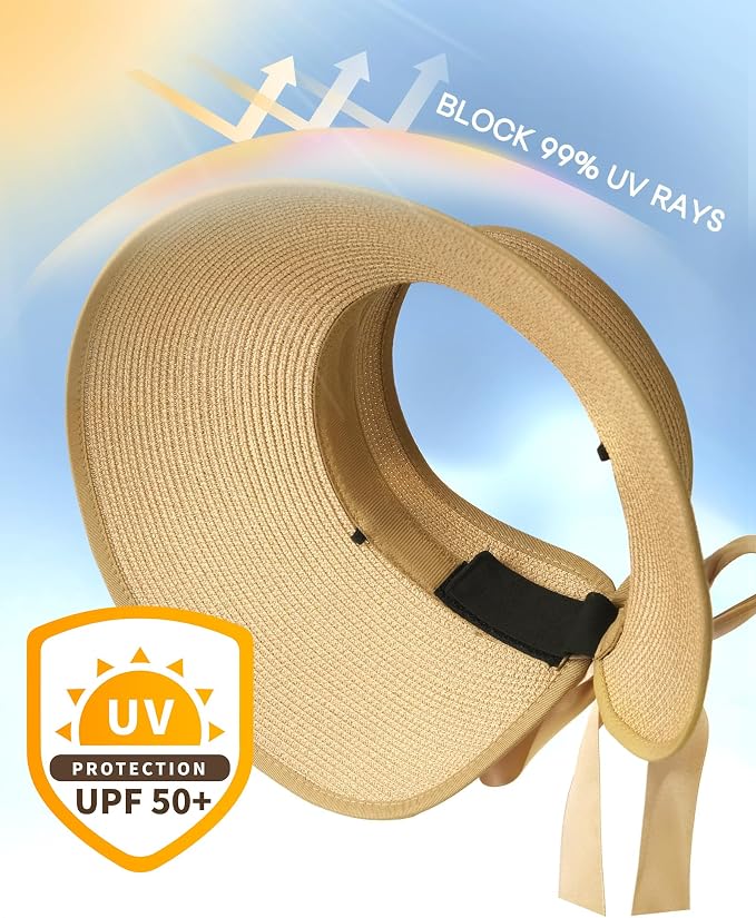 Camptrace Sun Visors for Women Wide Brim Beach Hat Foldable Straw Visor Hat - Image 2