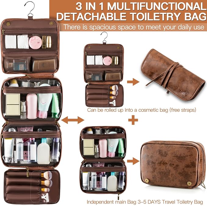 Elviros Hanging Toiletry Bag Removable Travel Bag PU leather Makeup Cosmetic - Image 2