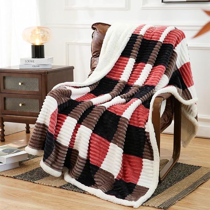 PU MEI Sherpa Blanket Twin Plaid Thick Bed Blanket, 80”*90”Super Soft Flannel by HOME