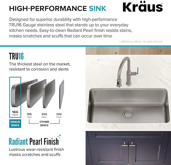 KRAUS Dex 33-inch Undermount 16 Gauge Stainless Steel Single Bowl Kitchen Sink - Image 4