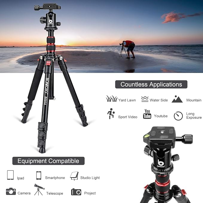 BONFOTO B690A Camera Tripod for Travel, Lightweight Aluminum Portable DSLR - Image 3
