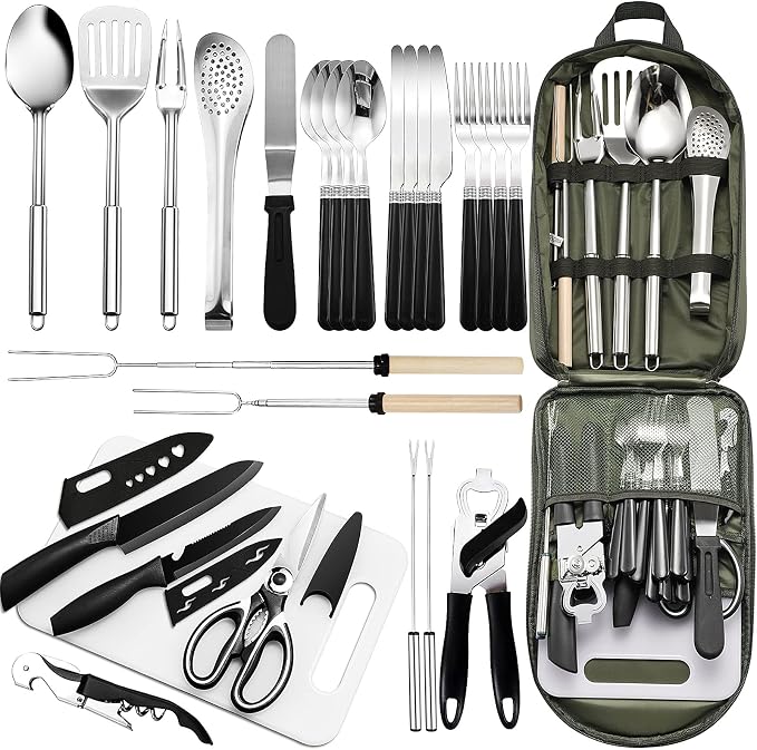 Portable Camping Kitchen Utensil Set-27 Piece Cookware Kit, Stainless Steel by Freehiker